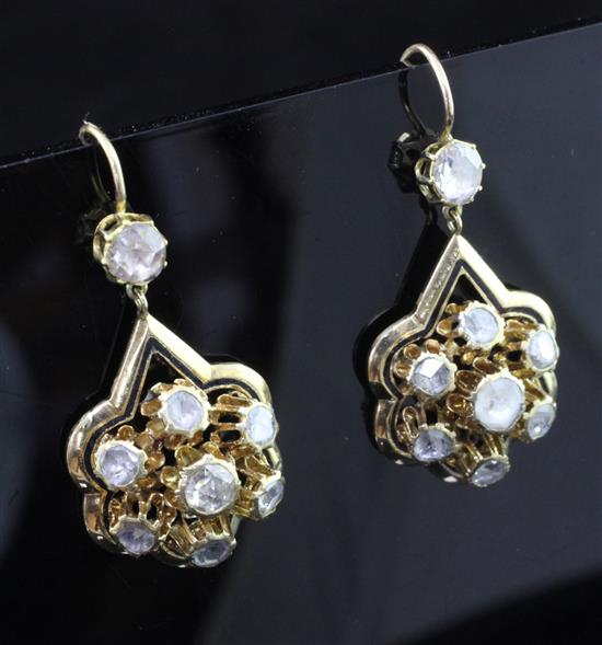 A pair of gold, black enamel and rose cut diamond cluster drop earrings, 1in.